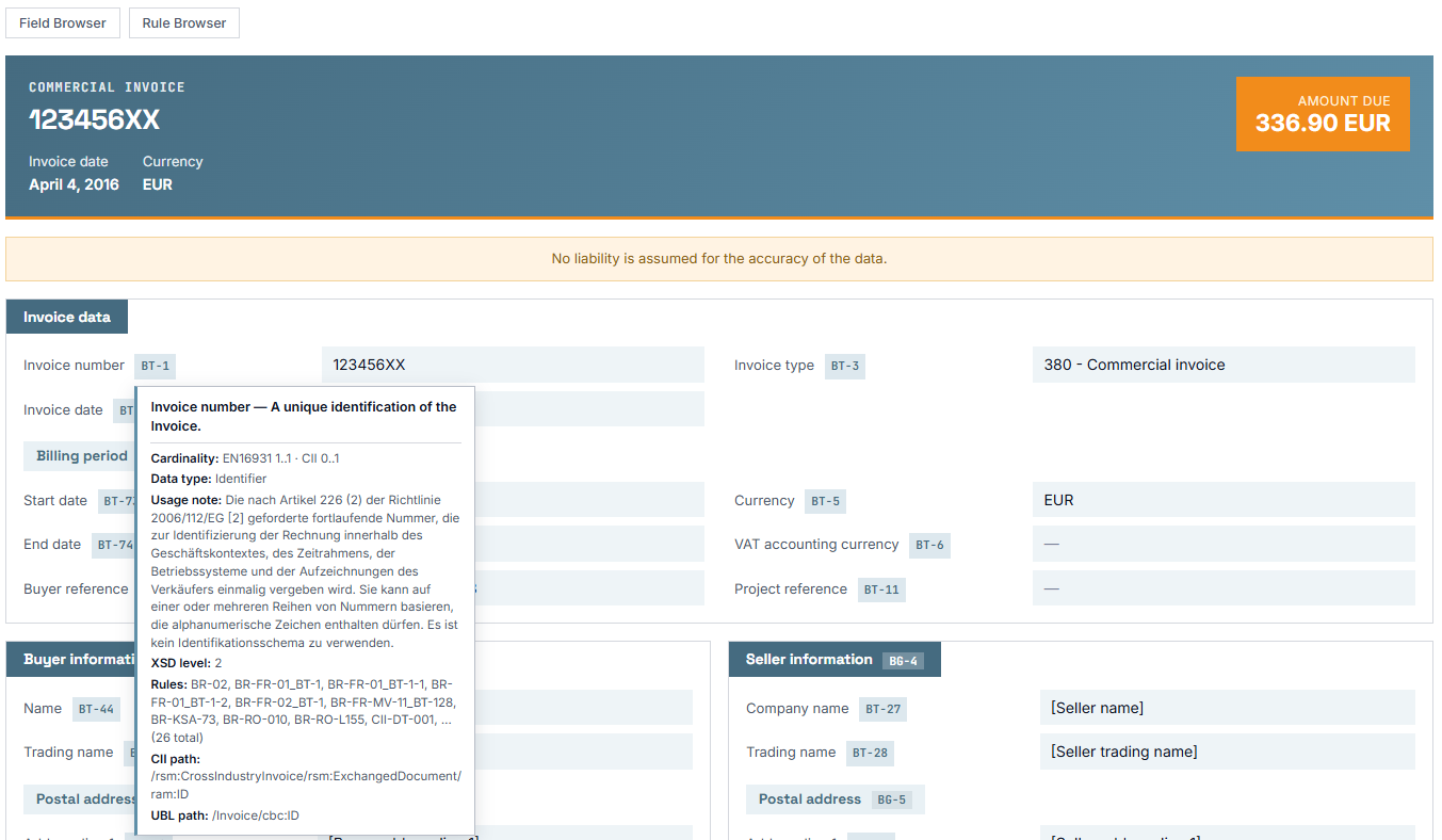 Erweiterter Tooltip im (e)Invoice Viewer: Kardinalität, Datentyp, Usage Note, XSD-Ebene, Prüfregeln sowie CII- und UBL-Pfad zu einem Feld