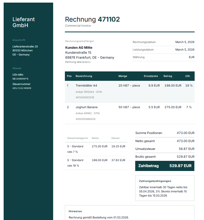 Rechnung im Layout Leiste: Absenderangaben in einer farbigen Seitenleiste