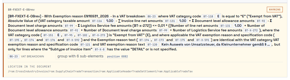 A finding on a rule of ZUGFeRD/Factur-X EXTENDED is shown together with an explanation.