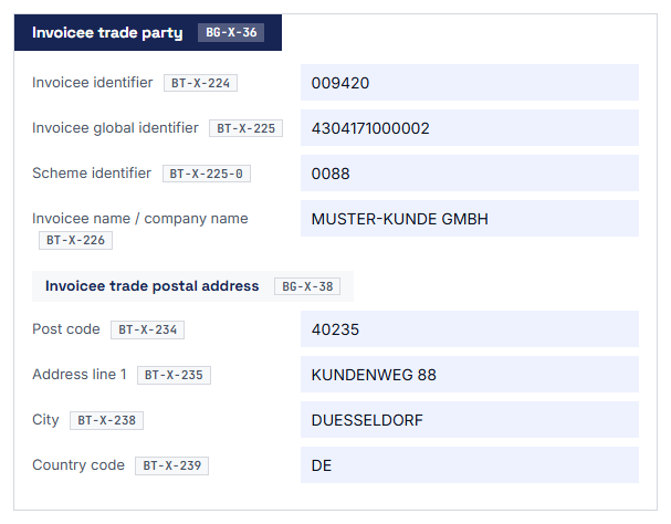 The card of an additional party shows the invoicee with its details here.