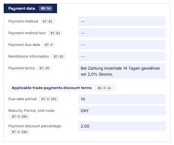 The payment details of the invoice show the cash discount terms from the EXTENDED profile.