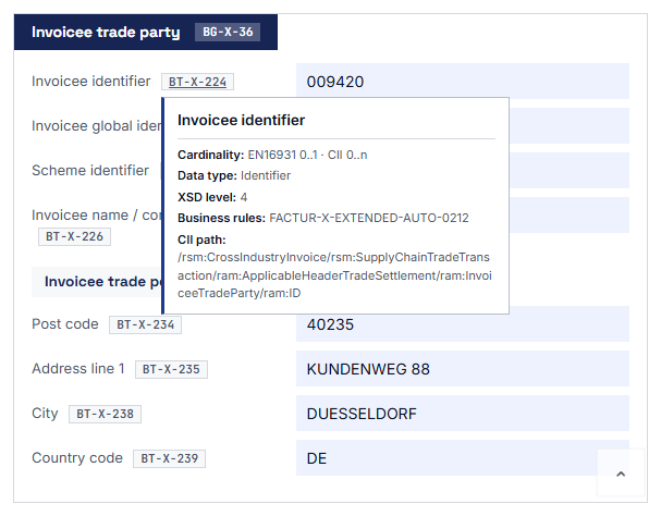 The tooltip on a field of the extension shows its BT-X identifier and its name.