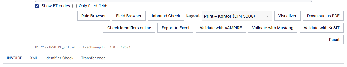 The viewer with an open invoice and the “Transfer code” tab next to “Invoice” and “XML”.