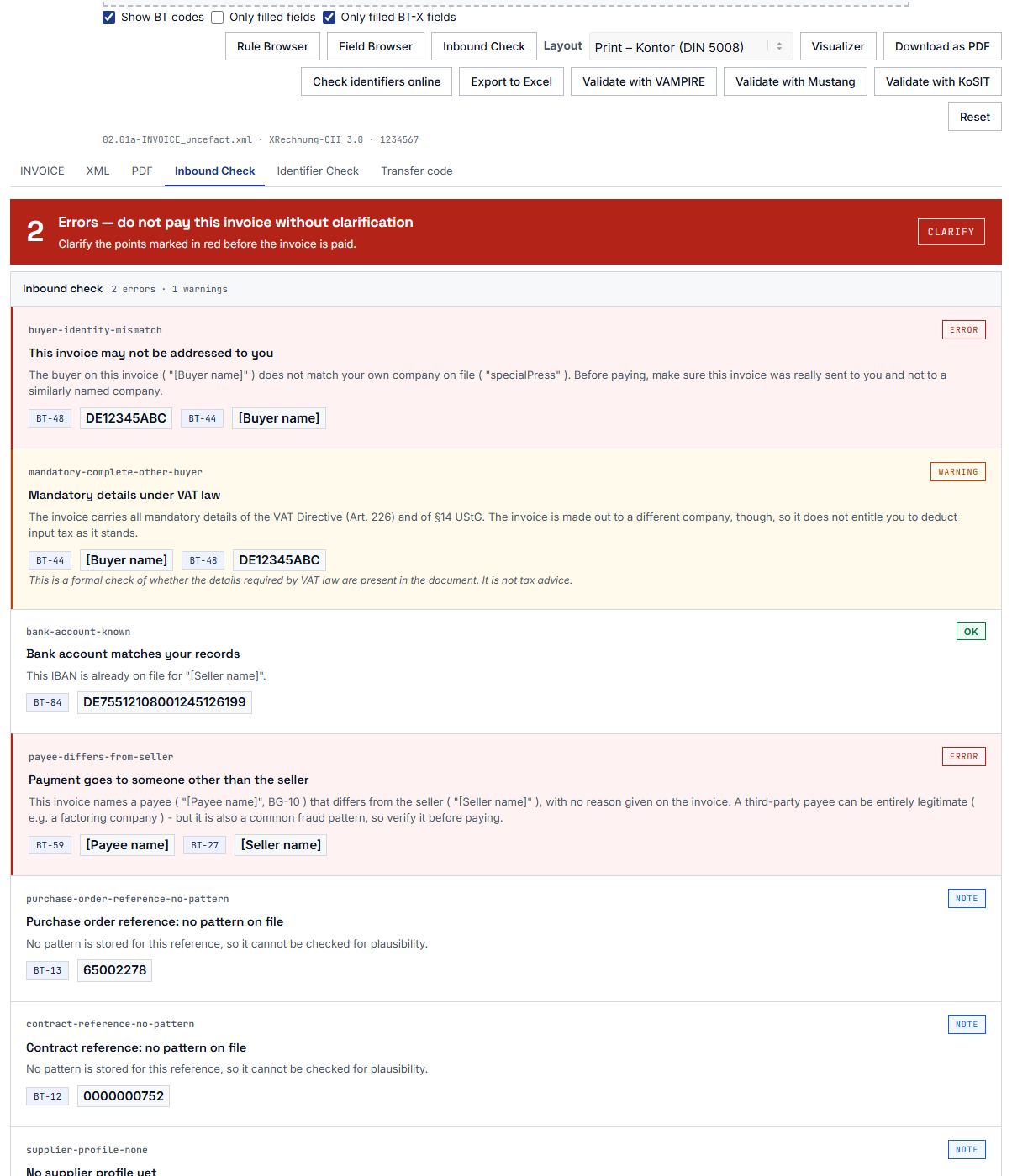 Screenshot of the result view with an open sample invoice, below which the list of Inbound Check findings appears, each with a heading, an explanation and a colour marking.