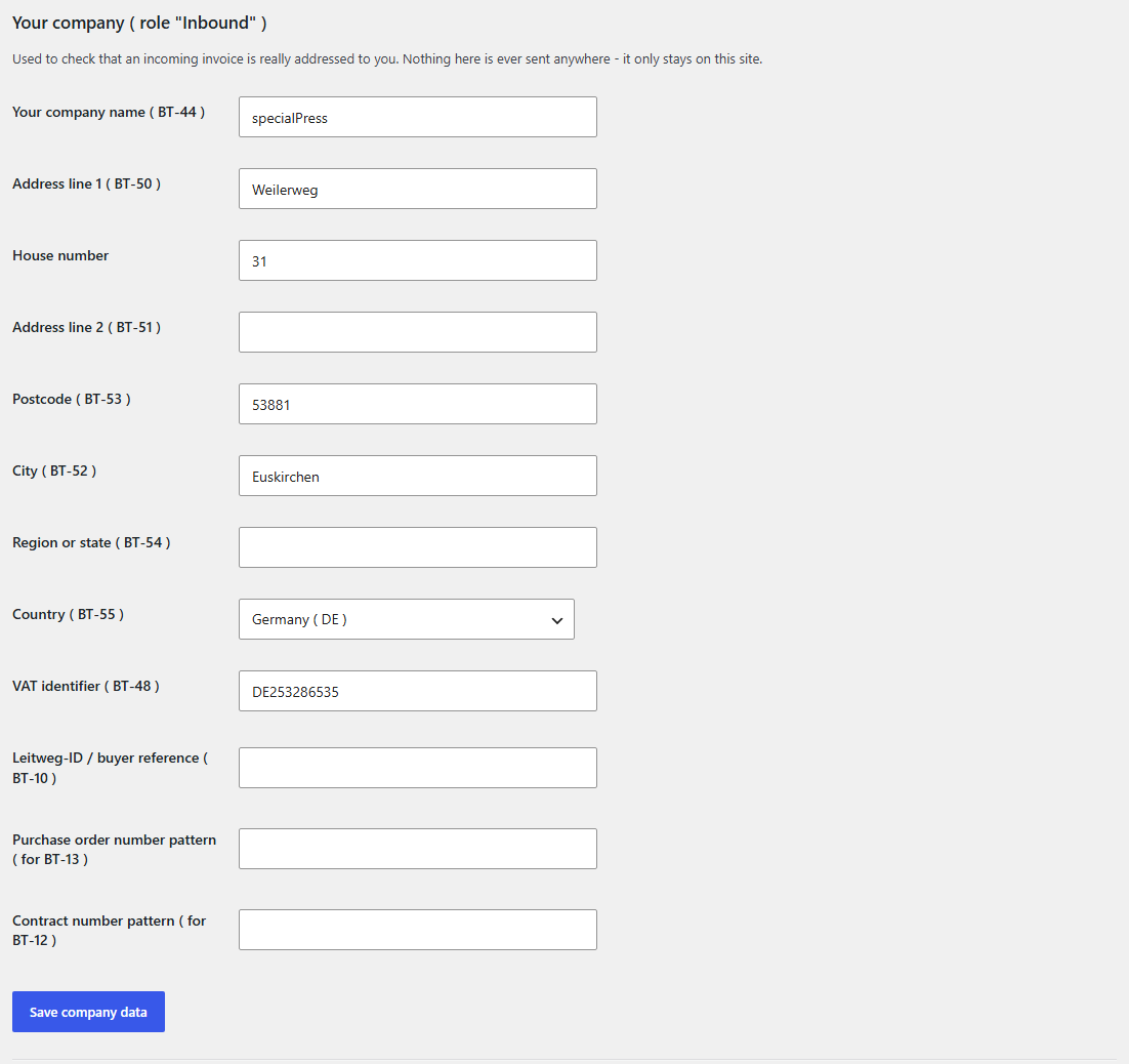 Screenshot of the settings section “Your company”, in which the fields are filled in with the data of a sample company.