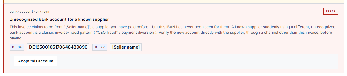 Screenshot of a red finding about an unknown bank account for a known supplier, with an explanation and the button “Adopt this account”.