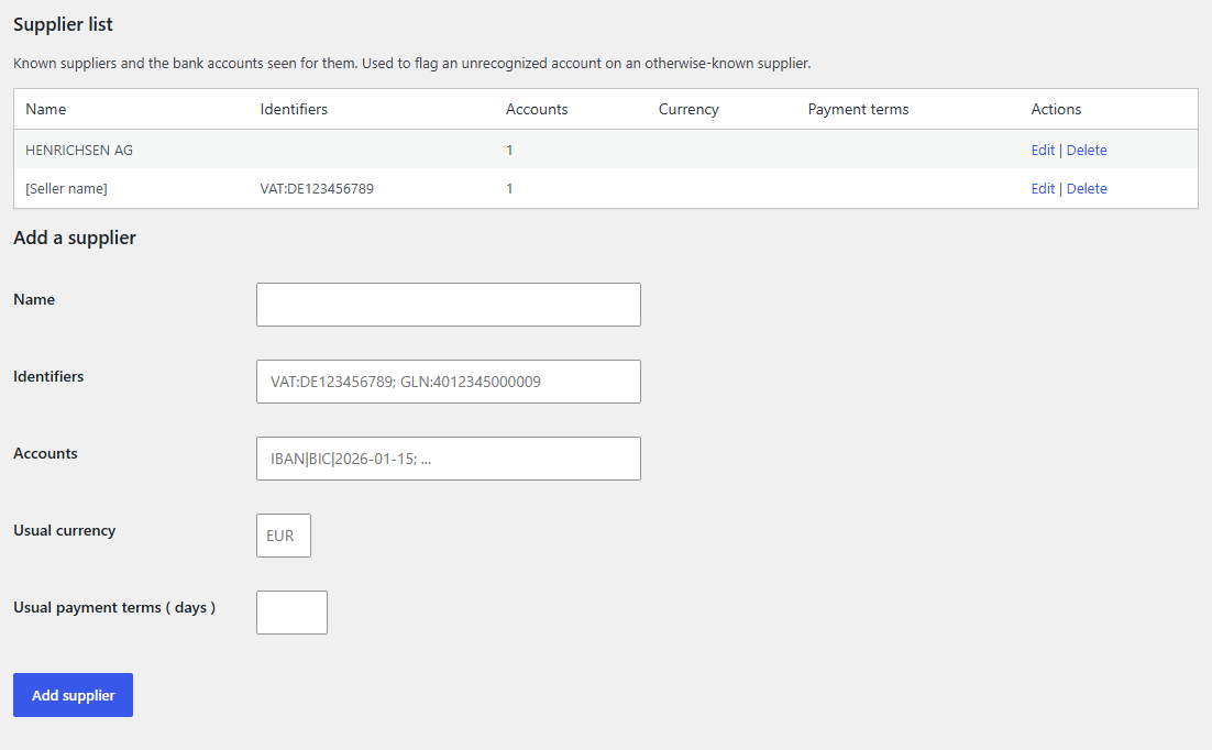 Screenshot of the supplier list section with a table of sample suppliers and the form for adding a new supplier.