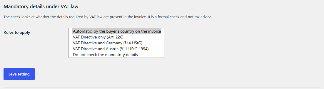 Screenshot of the section on the information required by VAT law, with the selection list of the five rule sets.
