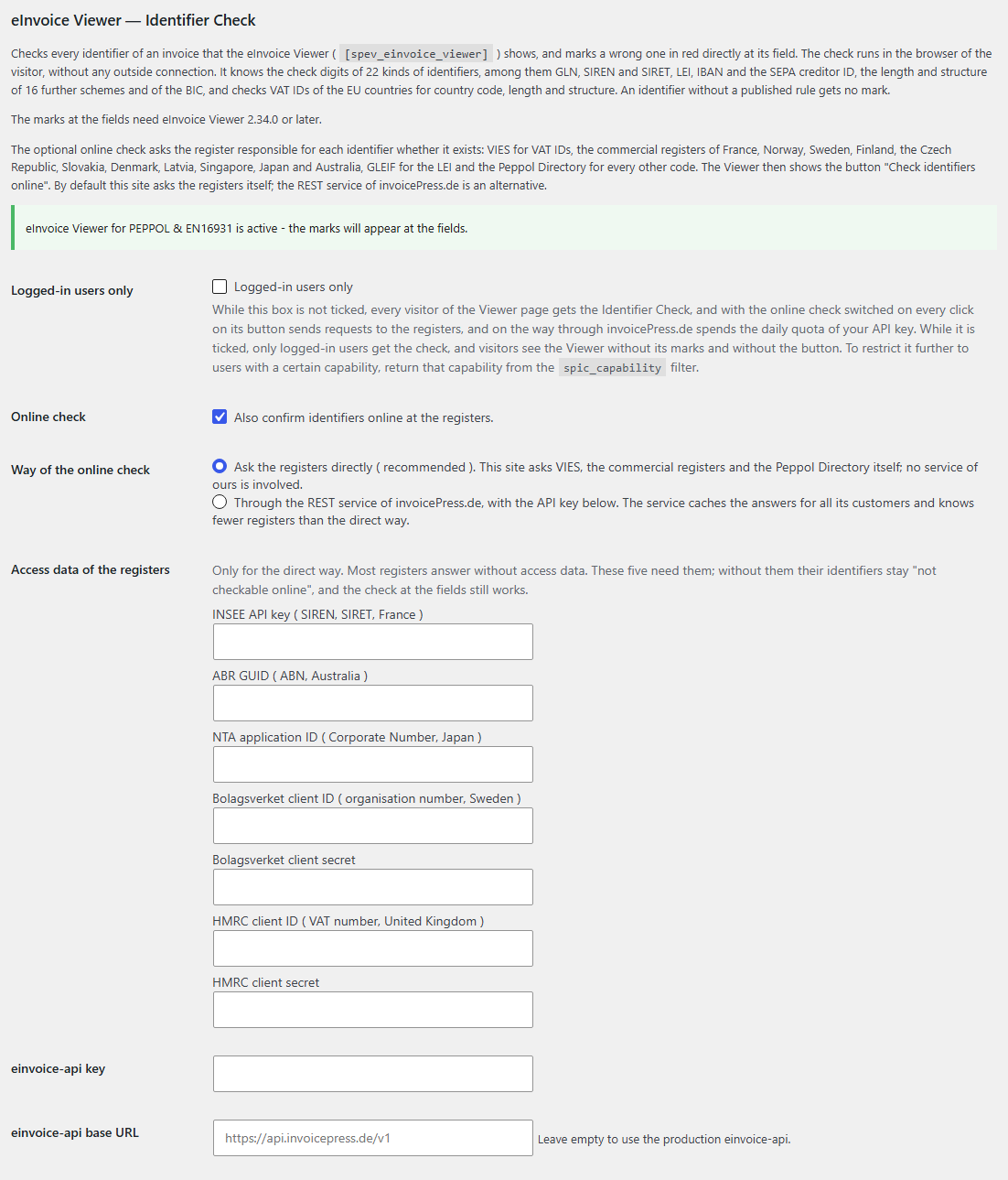Screenshot of the settings page with the Identifier Check section, showing the checkboxes, the choice of route for the online check and the access credentials for the registers.