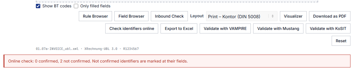 Screenshot of the toolbar with the button “Check identifiers online”, below which the result “0 confirmed, 2 not confirmed” is shown.