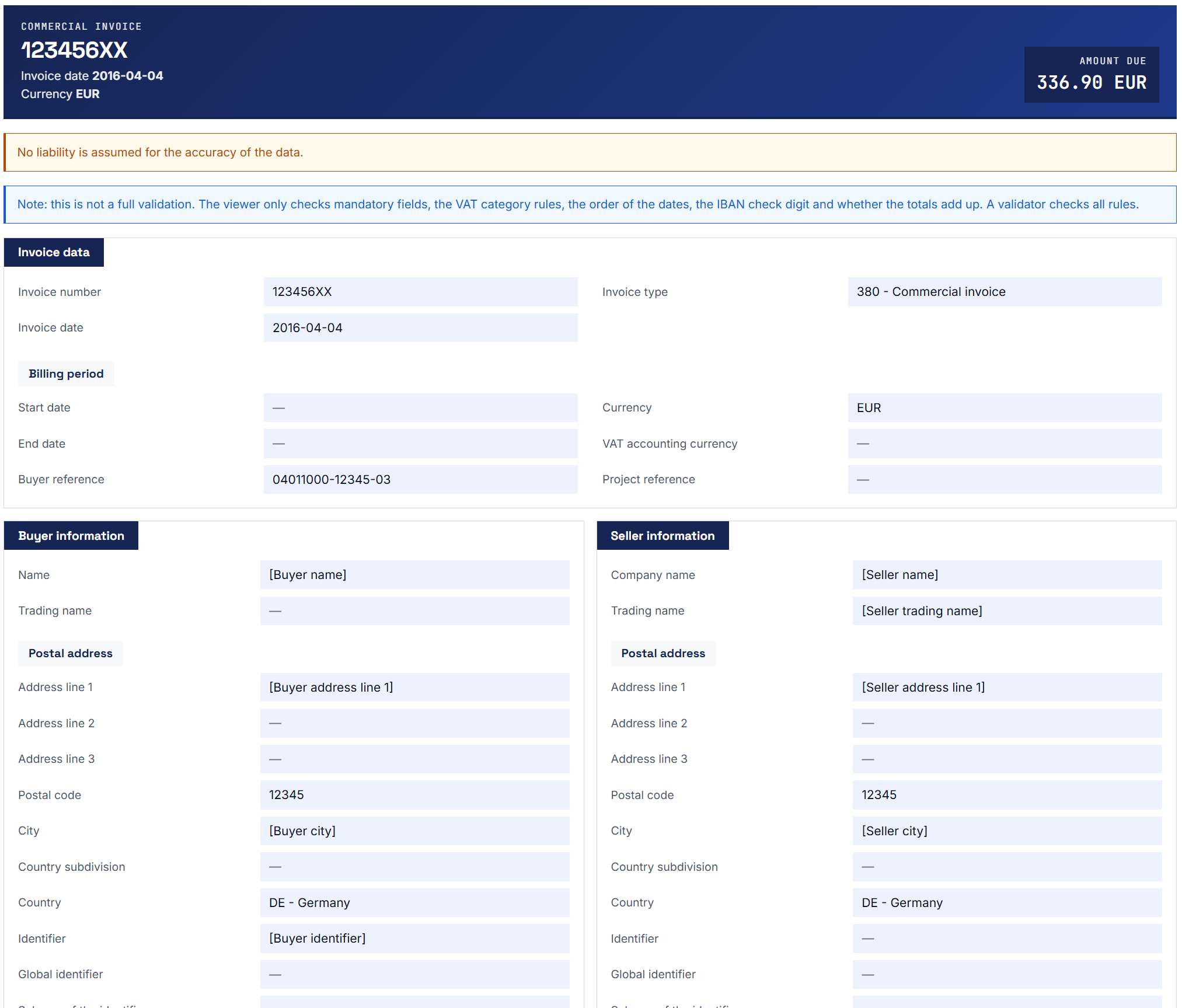 An e-invoice in the reading view of the eInvoice Viewer: the document header with the amount due at the top, and invoice data, buyer and seller below.