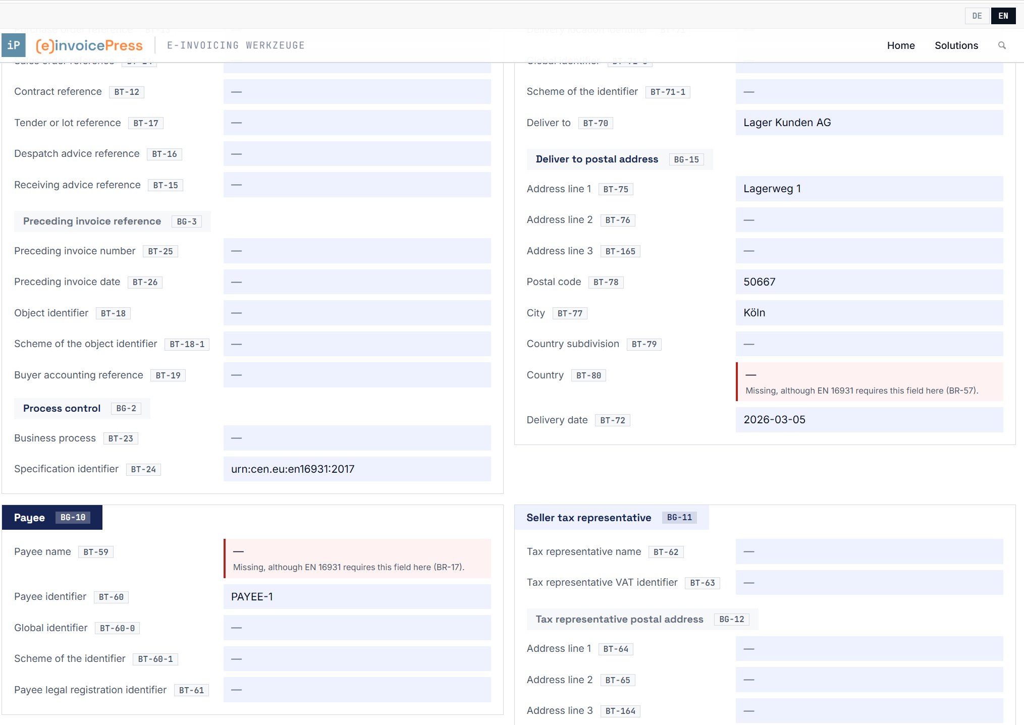 An invoice with missing mandatory fields: each affected field is marked in red, with the violated rule below it.