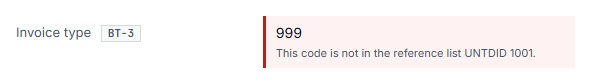 A field marked in red with the note “This code is not in the reference list UNTDID 1001.”