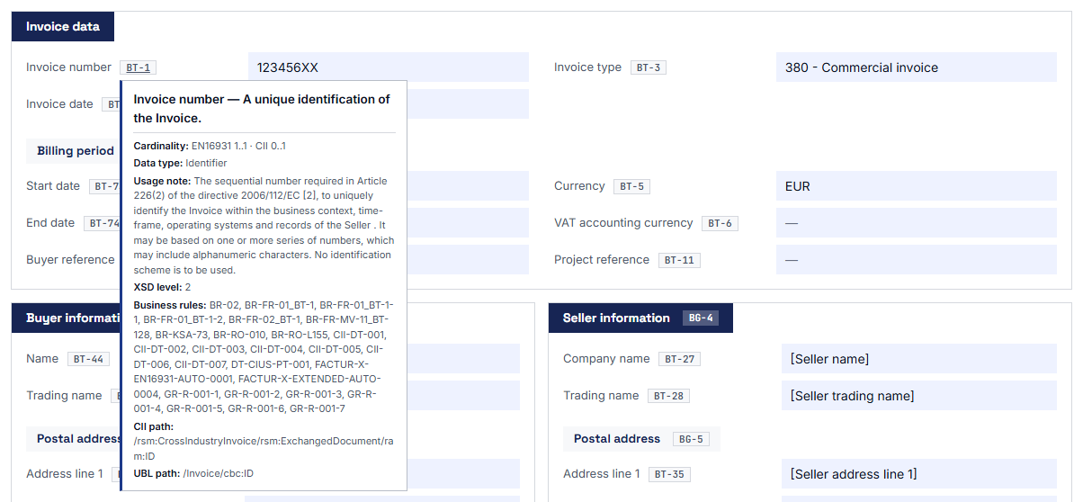 The tooltip on a field number shows the cardinality, data type, level in the XML schema, reference table, business rules and the paths in CII and UBL.