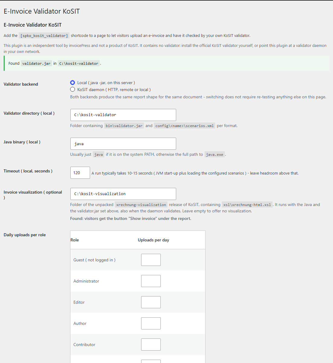 Settings page: local or service connection, validator directory, time limit and daily validations per role.