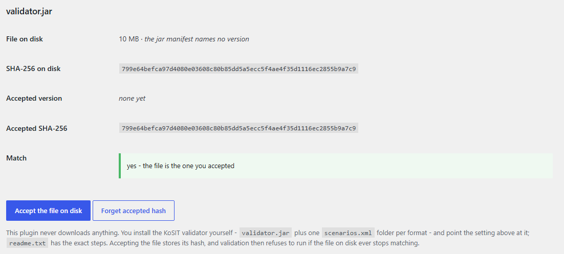 Checksum of validator.jar: accept the file, after that the plugin only validates with exactly this file.