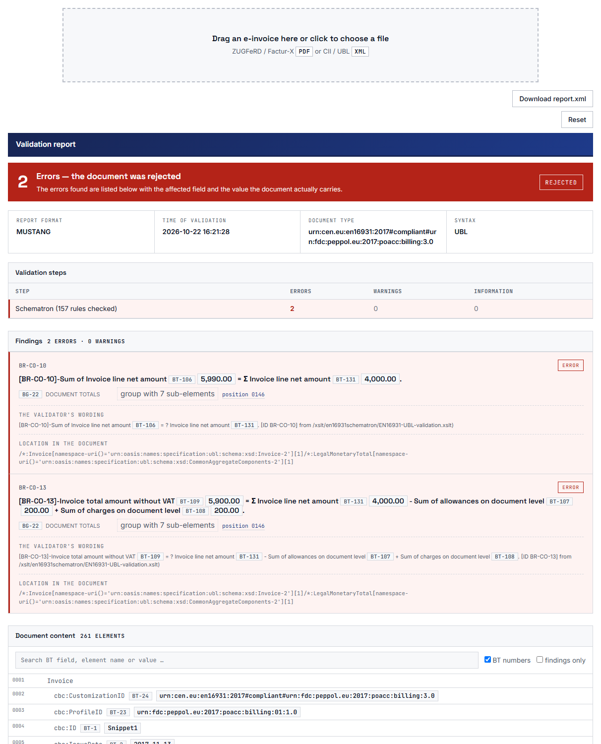 Mustang report in the plugin: the result at the top, below it each finding with rule text and location.