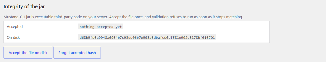 Checksum of Mustang-CLI.jar: only the accepted file may validate.