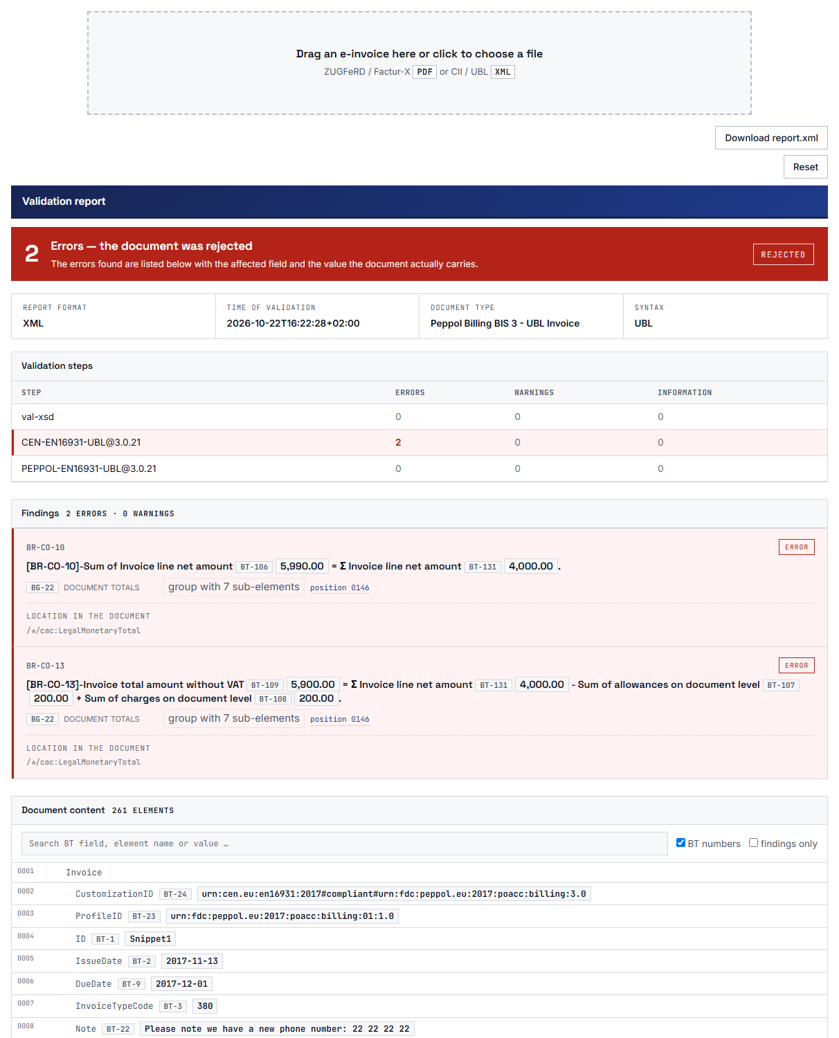 VAMPIRE report in the plugin: result, validation steps per rule set, findings with field and value, and the invoice content.