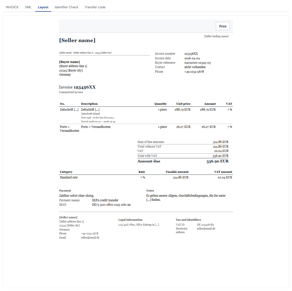 The print view of an invoice in the Kontor layout.