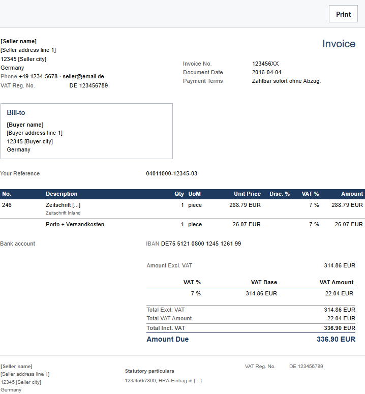 A sample invoice in the Business Central layout.