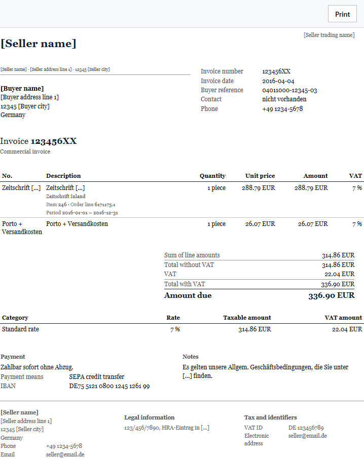Invoice in the Kontor layout under DIN 5008 with letterhead, address field, line table and highlighted amount due.