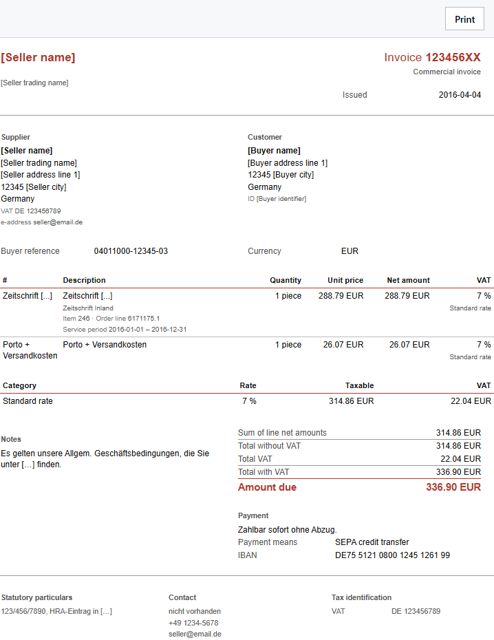 Invoice in the Ledger layout, designed for international use and labeled in English.