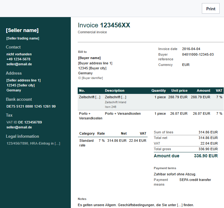 Invoice in the Leiste layout. The sender details are in a colored sidebar.