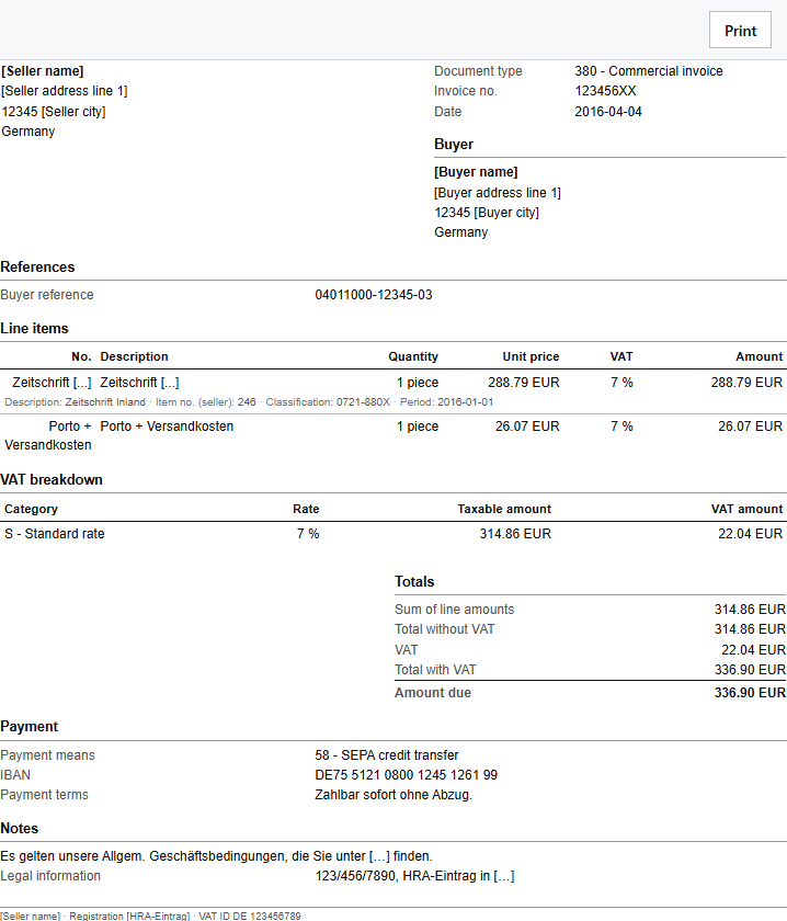 A sample invoice in the Norm layout, built like the sample invoice of the ZUGFeRD specification.