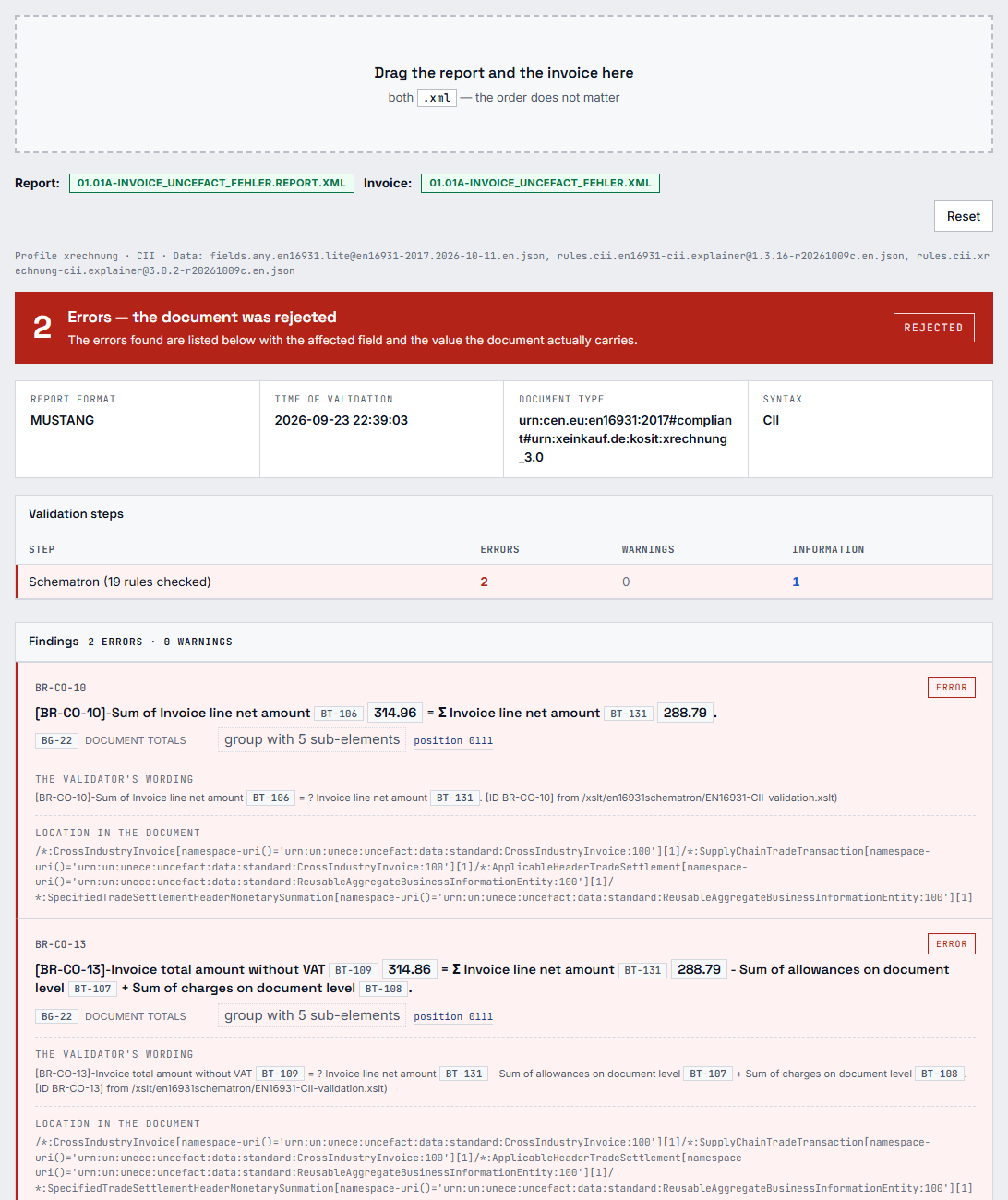 The Explorer report for a Mustang validation report: result, validation steps and findings with field and value.