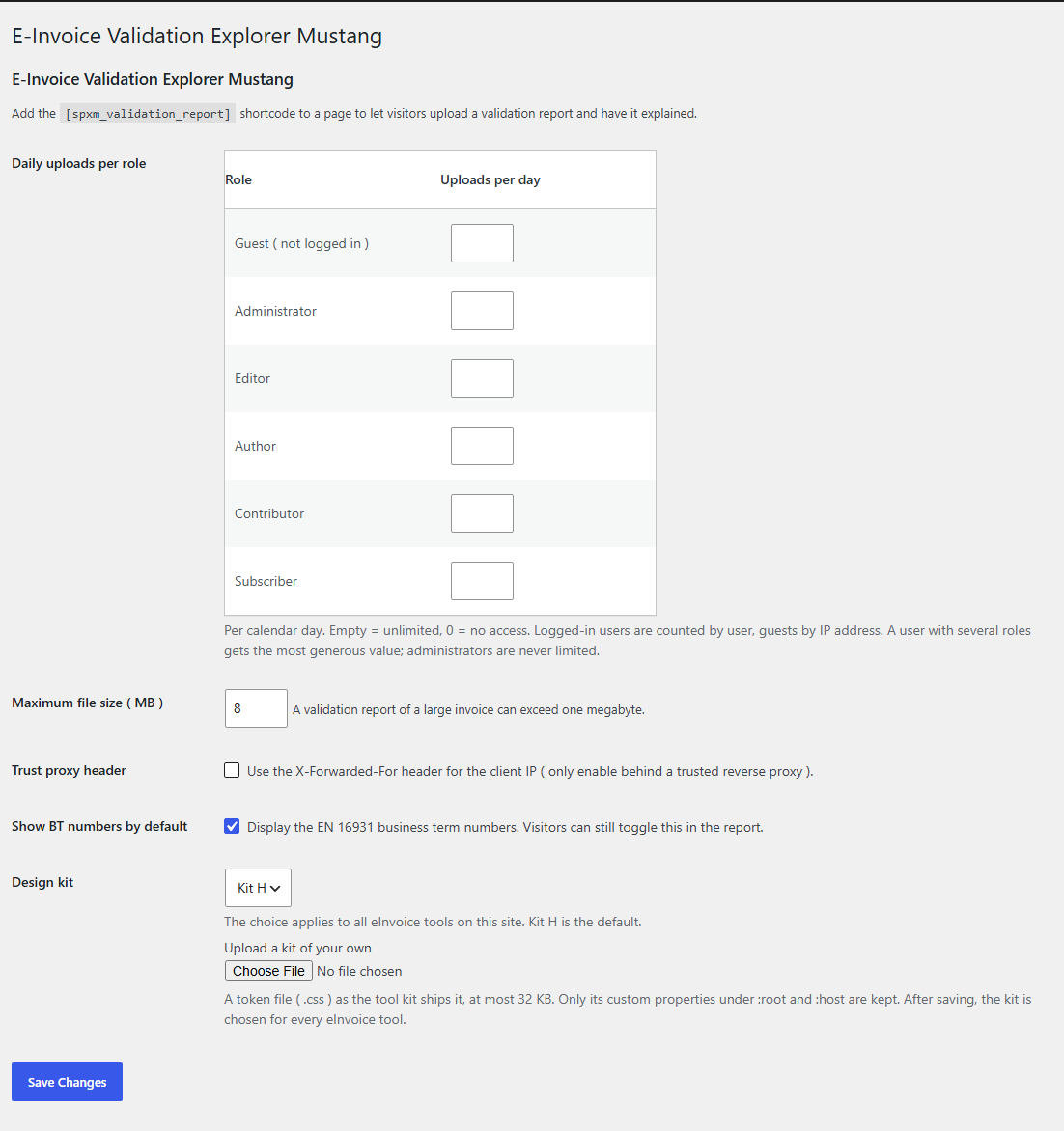 The settings page of the Validation Explorer for Mustang.